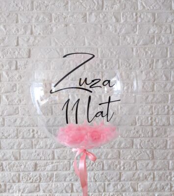 Balon bubble różowe piórka z napisem